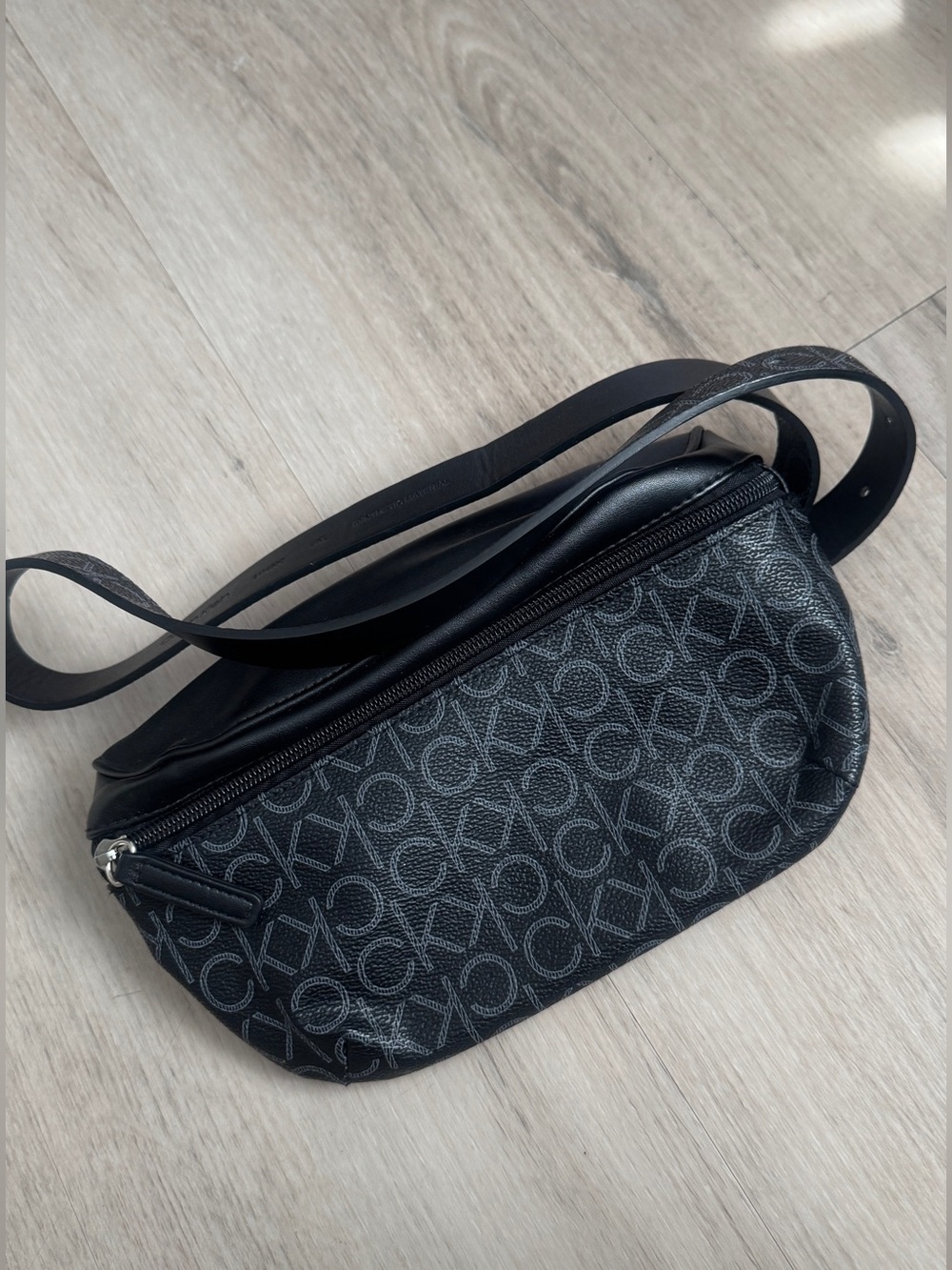 Calvin Klein Black Monogram Belt Bag with Leather Trim